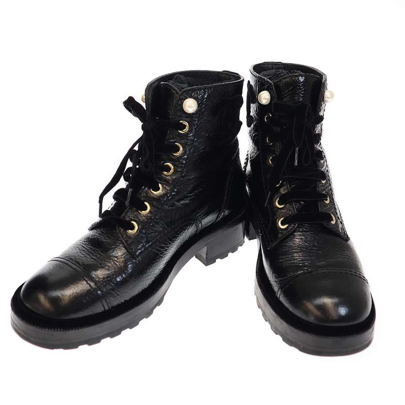 Chanel 21 a Cocomer Cles Lace-Up Boots with Pearls Black 38 — view 2