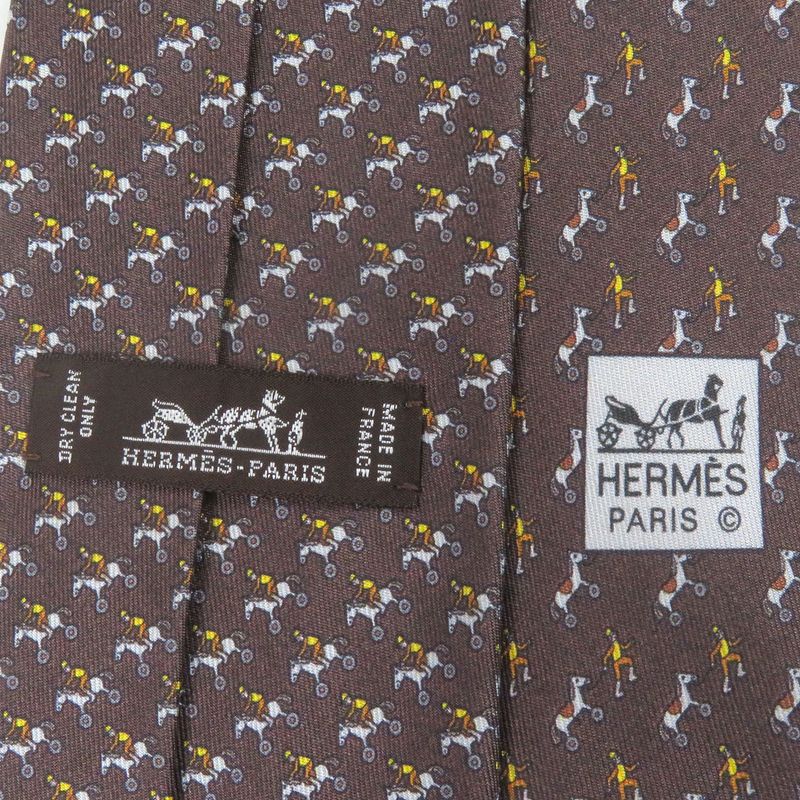 Hermes 100% Silk Jockey & toy Horse All Over Regular Tie Brown — view 6