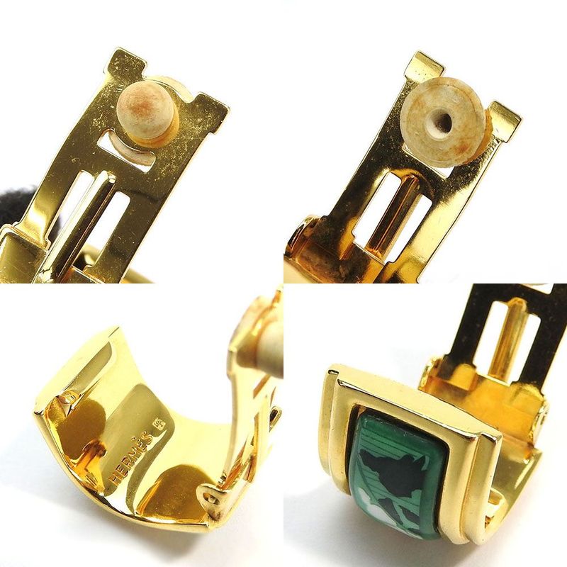 Hermes Earrings Emile Green Gold Cloisonne GP Plating Accessories Jewelry Small — view 5