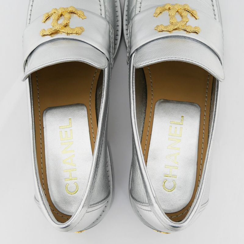 Chanel CC Logo Leather Loafers Silver Gold Hardware 37 1 2 — view 5