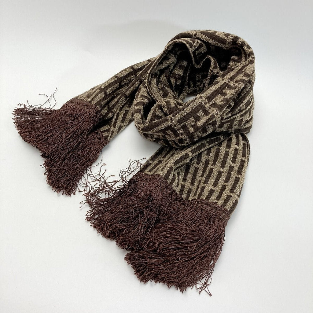 Fendi Zucca Pattern Fringe Muffler Brown Wool Stole Scarf — view 3