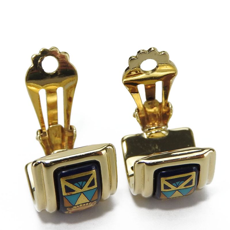 Hermes Earrings Emile Metal Cloisonne Multicolor Gold Navy Blue Lion Accessory — view 5