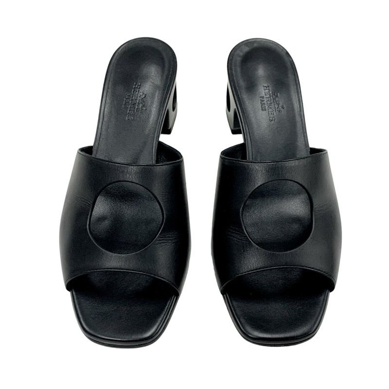 Hermes ELIA Sandals Shoes Leather Black Mule Circle Cut — view 2