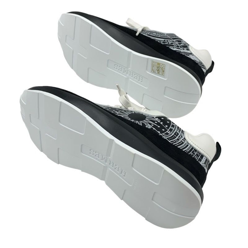Hermes Glam Sneakers Shoes Leather Suede Black White Bandana Pattern — view 6