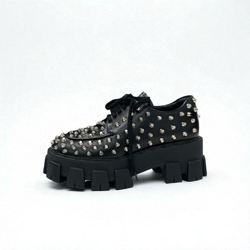 Prada Monolith Loafers Leather Shoes Black Silver Studded Lace Up — view 3