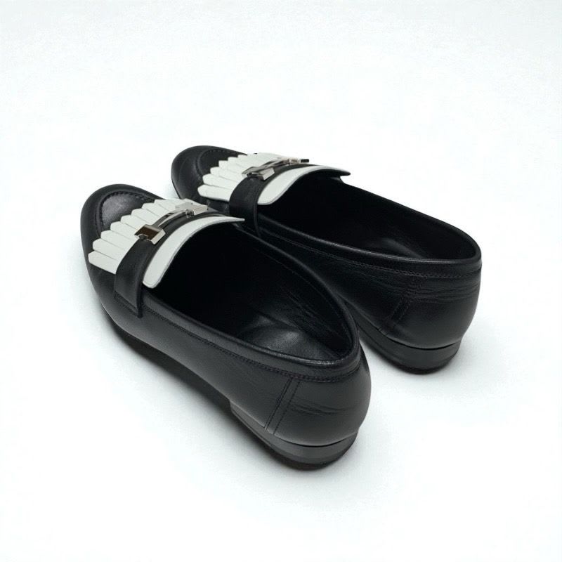 Hermes Royale Loafers Leather Shoes Black White Hhardware Fringe — view 4