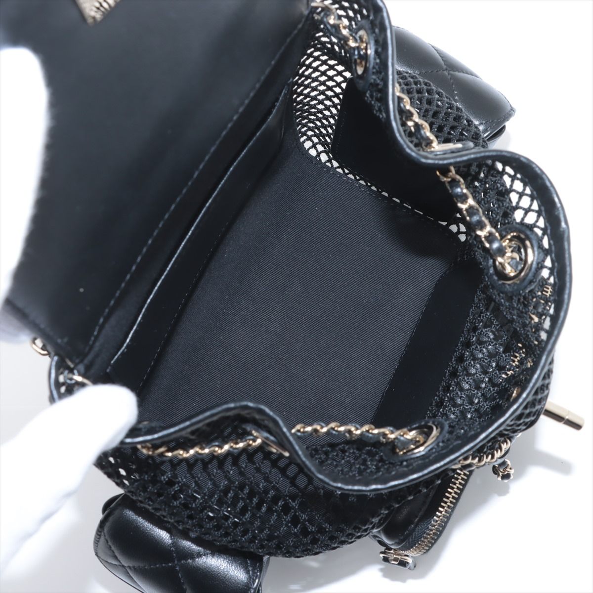 Chanel Quilted Lambskin Chain Backpack Mesh Black Gold Random Plate — view 7