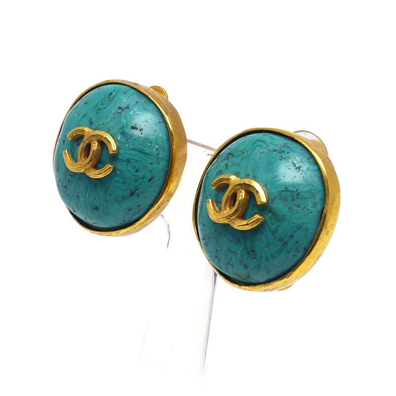 Chanel Earrings Coco Mark Greenish Green and Gold 98 — view 3