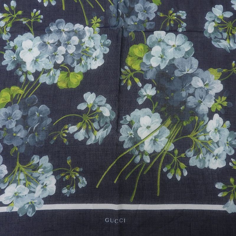 Gucci 2016 Item Floral Silk Rayon Fringe Shawl Scarf Navy — view 4