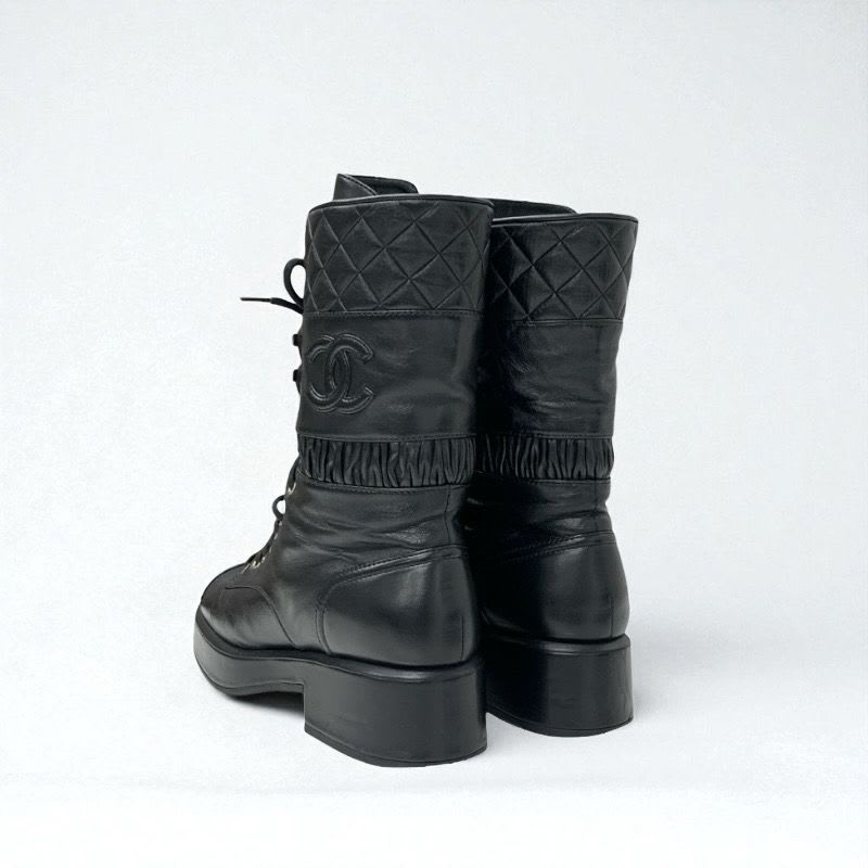 Chanel Boots Short Shoes Leather Black Coco Mark Quilted Lace Up Middle — view 4