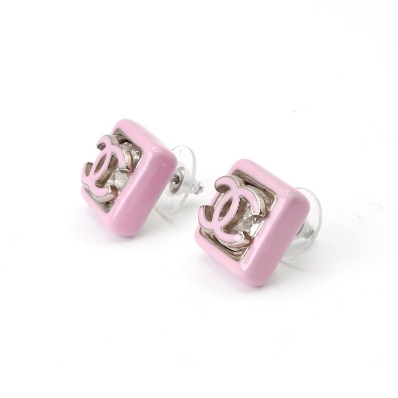 Chanel Earrings Silver Pink Coco Mark Square — view 3