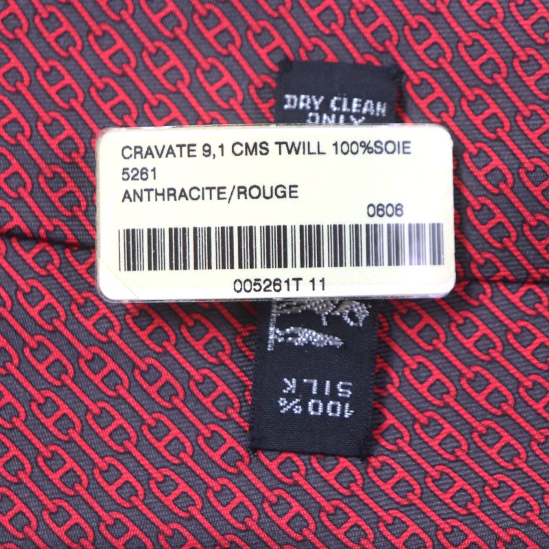 Hermes 5261 100% Silk Anthracite Rouge Cravat Chaine D'ancre Patterned Tie — view 8