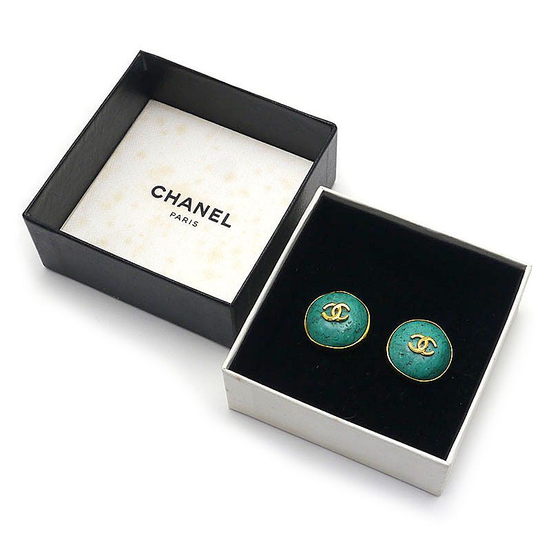 Chanel Earrings Coco Mark Greenish Green and Gold 98 — view 7
