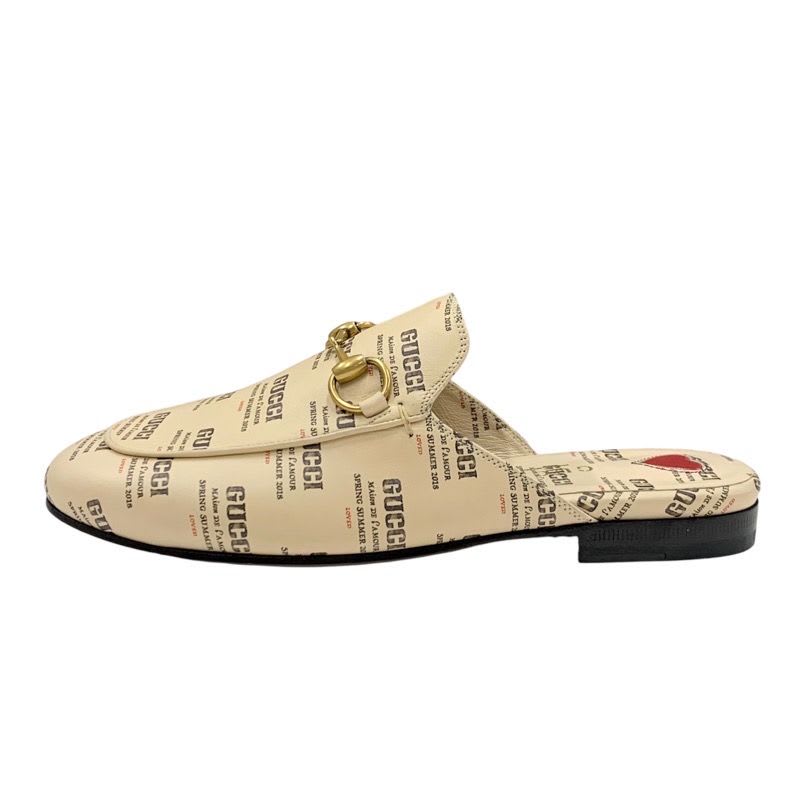 Gucci Prince Town Flat Shoes Leather Beige Red Gold Mule Slipper Sandals — view 3