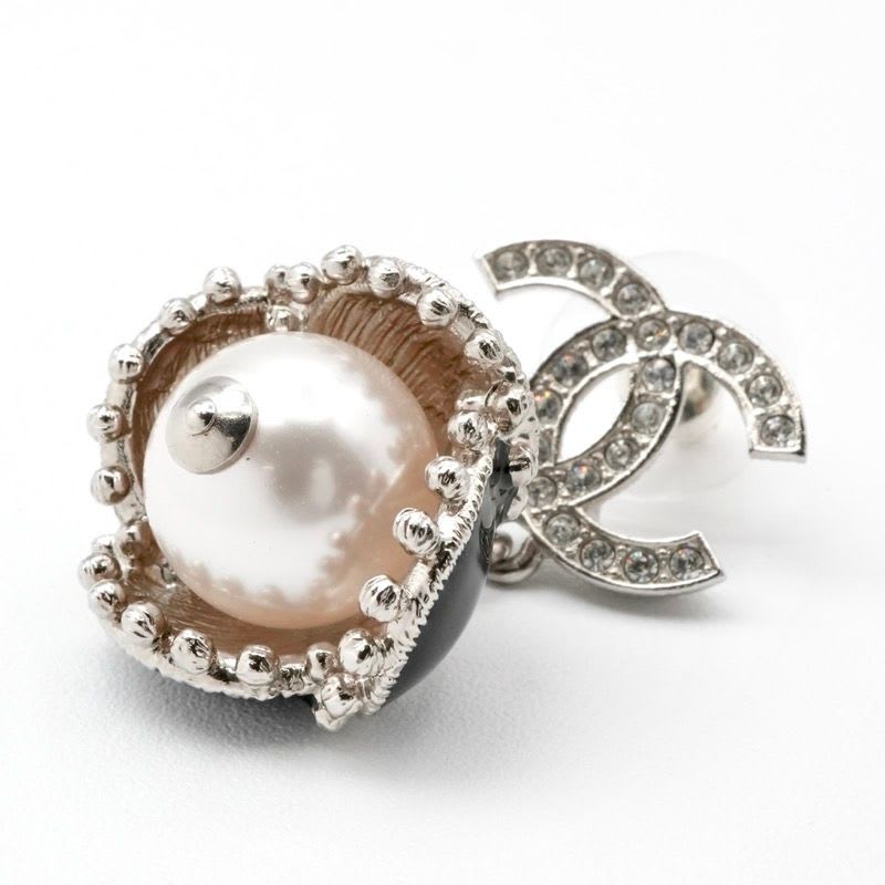 Chanel Earrings Silver Black Coco Mark Rhinestone Flower — view 6