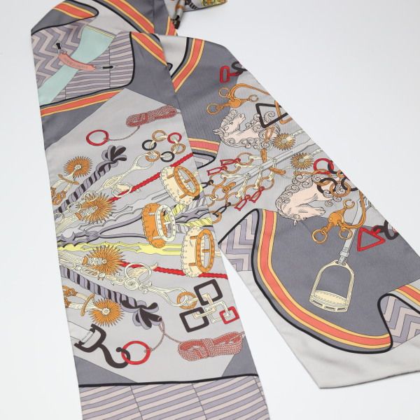 Hermes Carre 90 Cravat Shape Silk Horseman Harness Scarf Gray — view 4