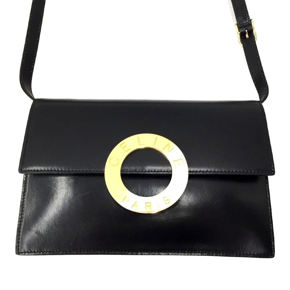 Celine Circle Logo Leather Shoulder Bag Vintage M13 Black — view 2