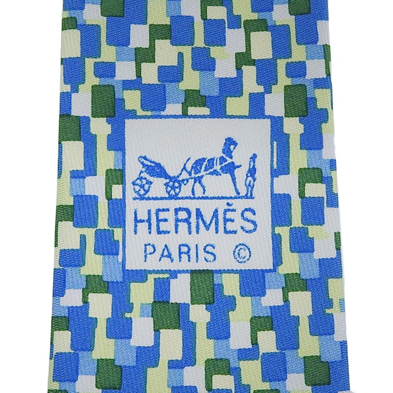 Hermes 5089 PA 100% Silk All-over Logo Print Tie Blue Green Multi — view 6