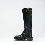 Chanel Boots Long Shoes Leather Patent Black Gold Logo — view 3