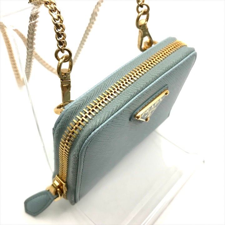Prada Saffiano Leather Chain Shoulder Card Case Wallet Blue — view 4