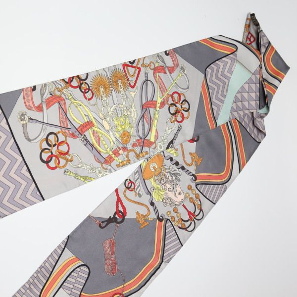 Hermes Carre 90 Cravat Shape Silk Horseman Harness Scarf Gray — view 3