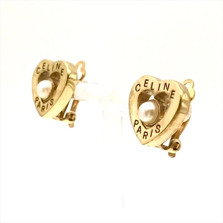 Celine Logo Heart Motif Pearl Earrings Gold — view 2