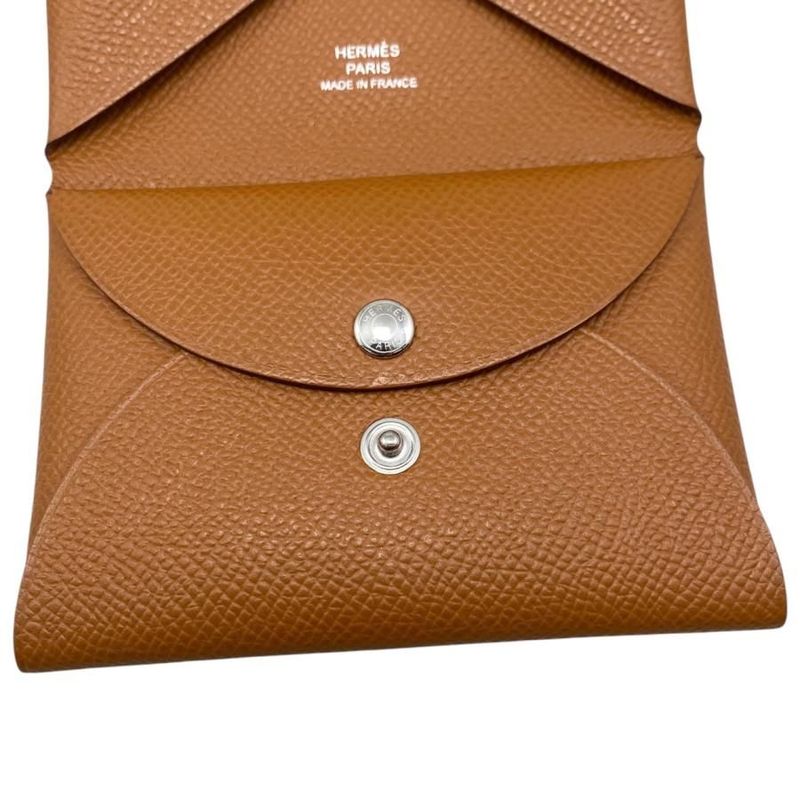 Hermes Card Case Coin Calvi Duo Engraved B Gold Brown Silver Hardware — view 8