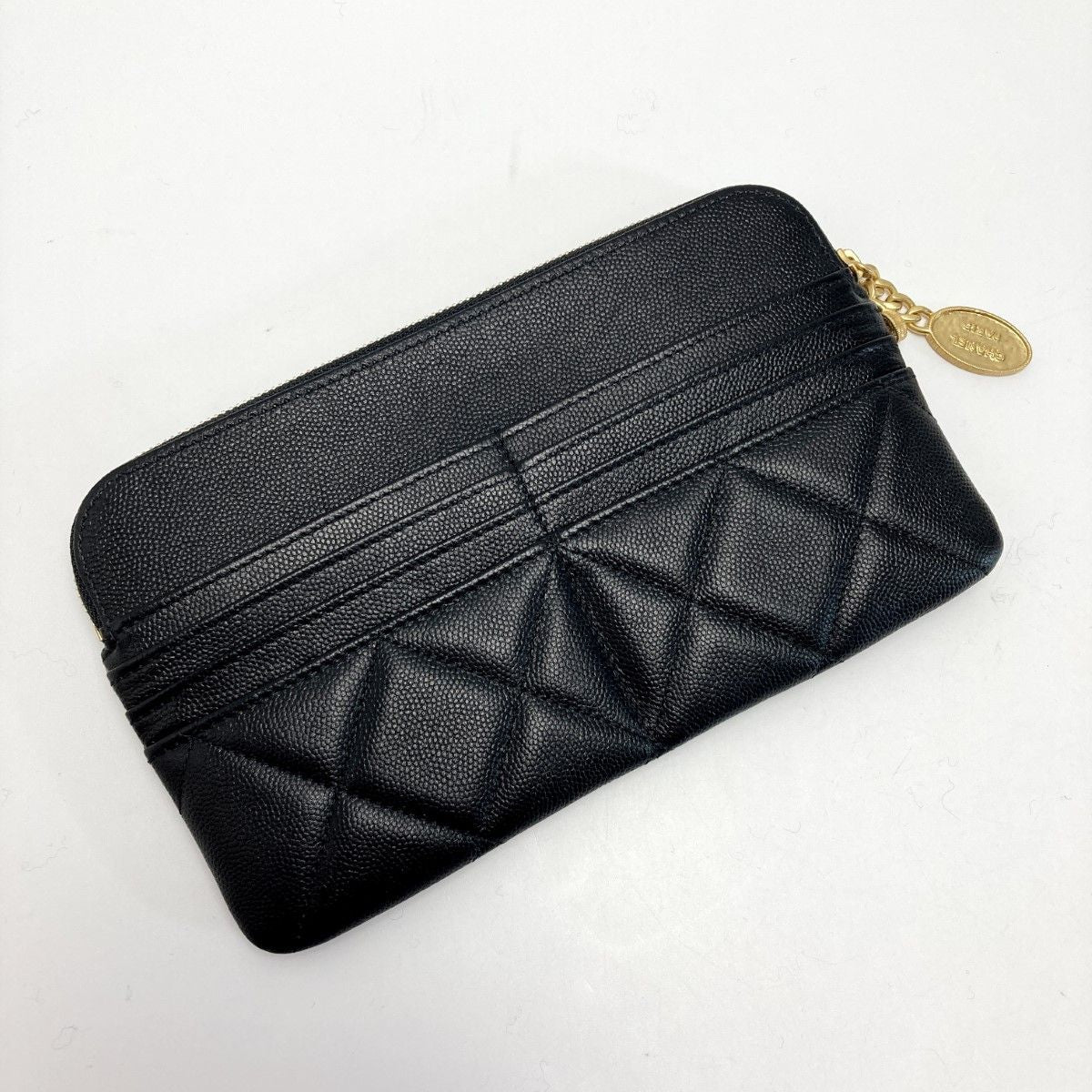 Chanel Coco Mark Quilted Pouch Black Caviar Leather Charm Clutch Bag — view 2