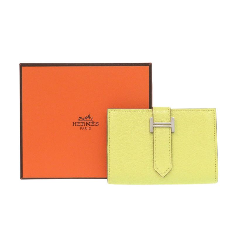 Hermes Bearn Card Case Chevre Mizor Lime Stamped W Yellow 1650 — view 3