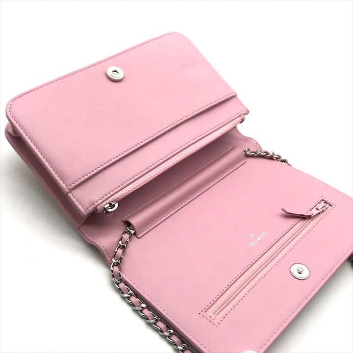 Chanel CC Logo Rhinestone Chain Wallet Shoulder Bag Pink — view 8
