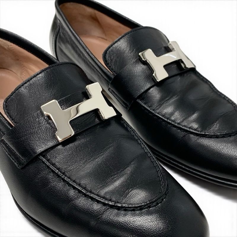Hermes Paris Loafer Leather Shoes Black Silver Hhardware Moccasin Flat — view 9