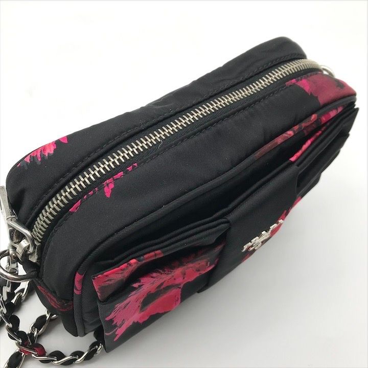 Prada Nylon Tessuto Logo Flower Floral Pattern Mini Chain Shoulder Pouch Black — view 7