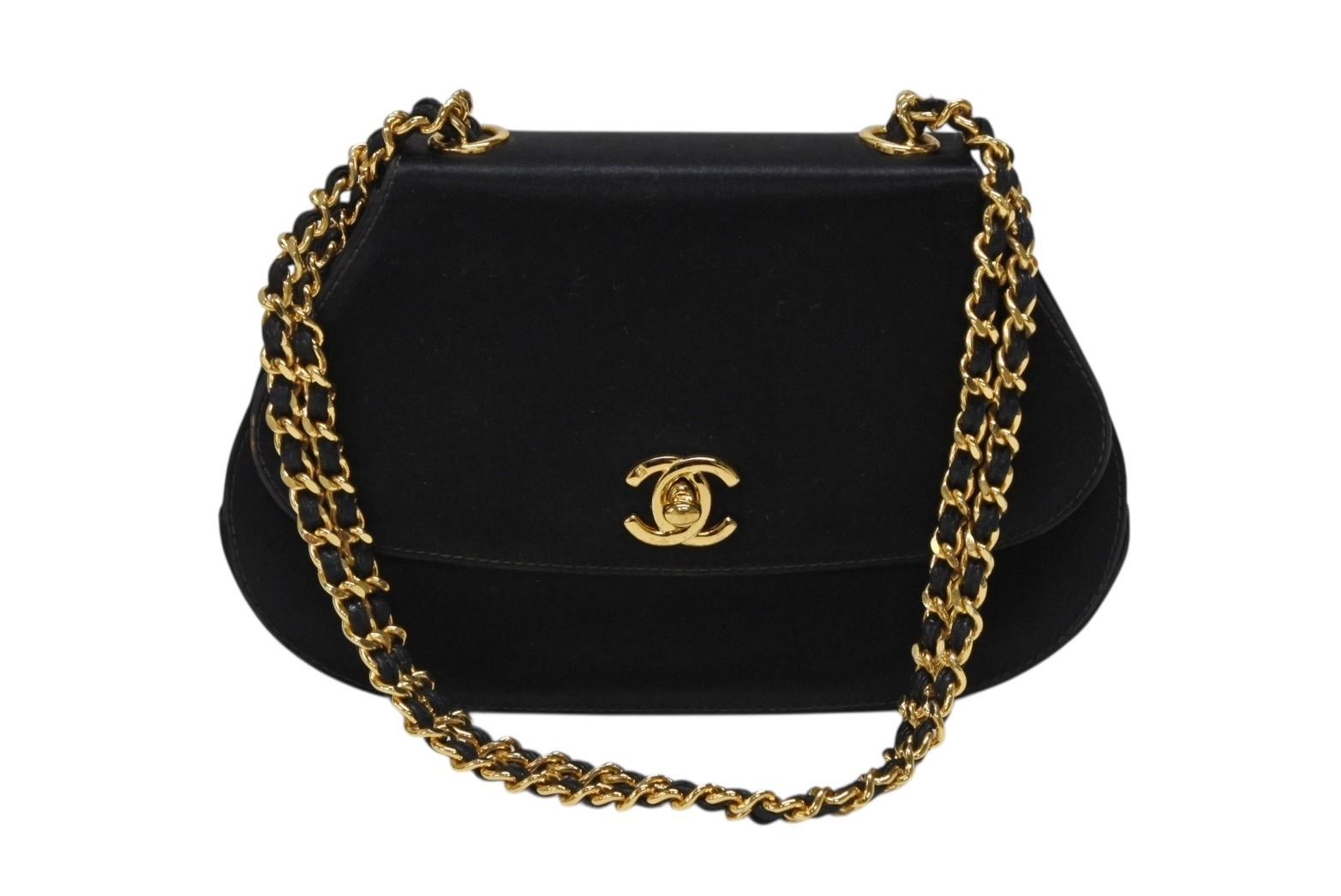 Chanel Half Moon Chain Bag CC Logo Satin Leather Black Gold