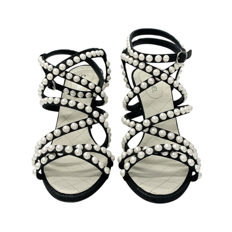 Chanel Sandals Shoes Leather Black White Coco Mark Pearl Quilted Strap — view 2