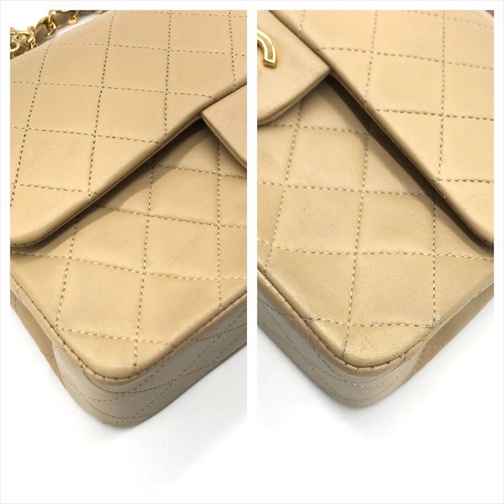 Chanel CC Logo Quilted Double Flap Chain Lambskin Shoulder Bag Beige — view 5