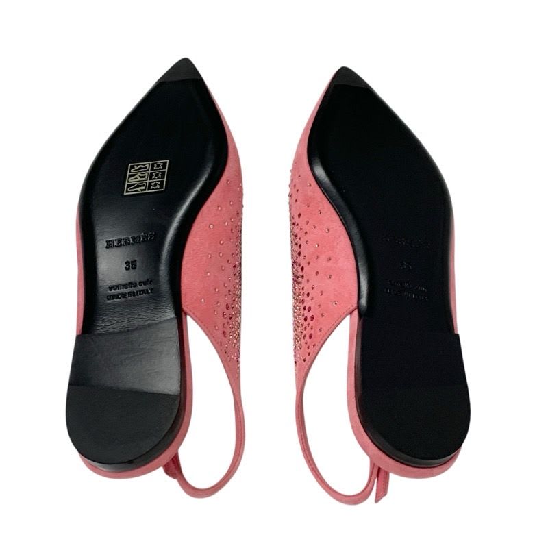 Hermes Flat Shoes Suede Pink Ring Back Rhinestone — view 6