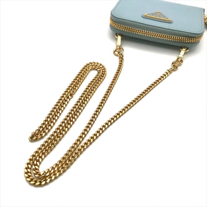 Prada Saffiano Leather Chain Shoulder Card Case Wallet Blue — view 7