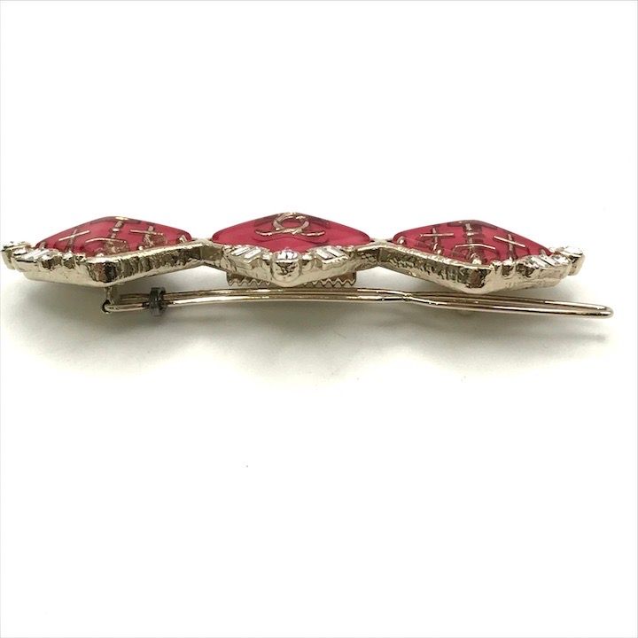 Chanel CC Logo Stone Cross Diamond Hair Clip Barrette Pink — view 4