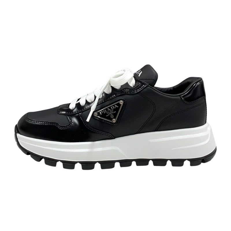 Prada Sneakers Shoes Leather Black White Triangle Logo — view 3