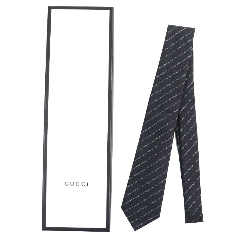 Gucci 100% Wool Regimental Logo Stripe Tie With 7 Dark Gray Tips — view 2