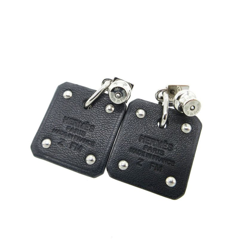 Hermes As De Coeur Heart Earrings Leather Metal Black Silver Stamped Z 0268 — view 3
