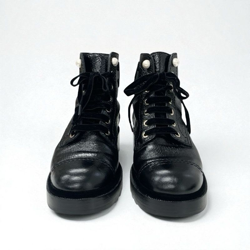 Chanel Boots Short Shoes Leather Velor Black Coco Mark Pearl Lace Up — view 2