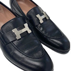 Hermes Paris Loafers Shoes Leather Black Silver Moccasins Flat Hhardware — view 9