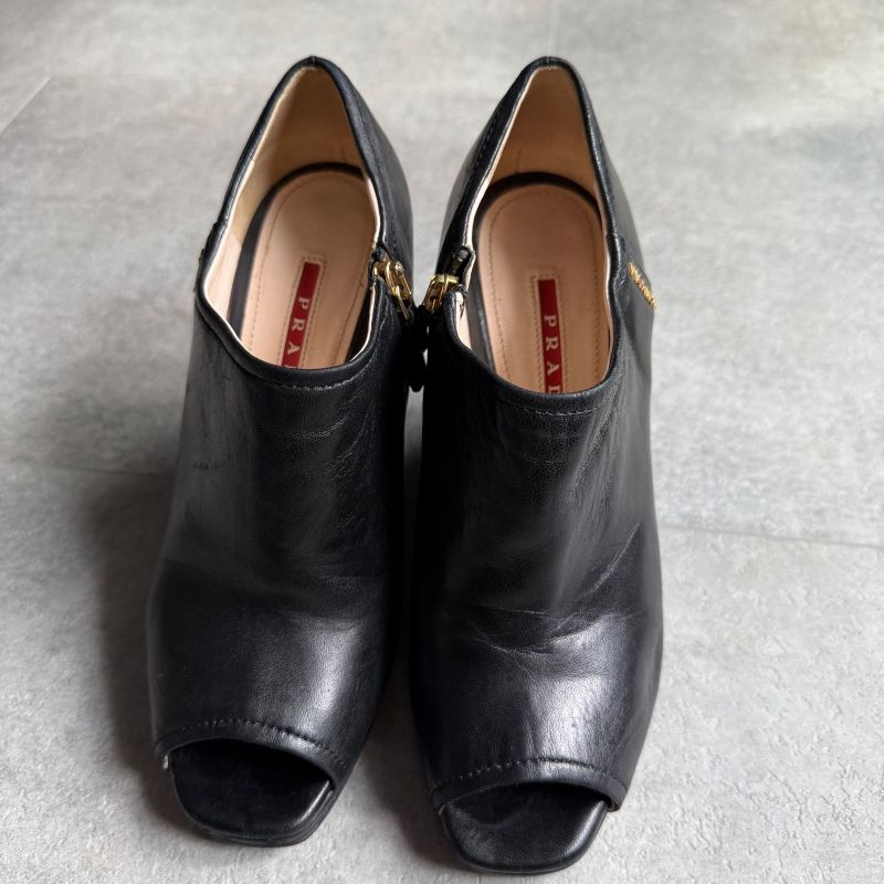 Prada Leather Wedge Sole Logo Booties 35 1 2 Short Boots Black — view 6
