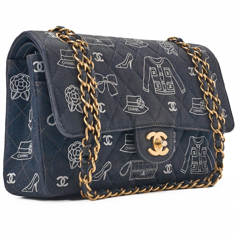 Chanel Quilted Double Flap 25 Icon Print Chain Shoulder Canvas Bicolor Black — view 3