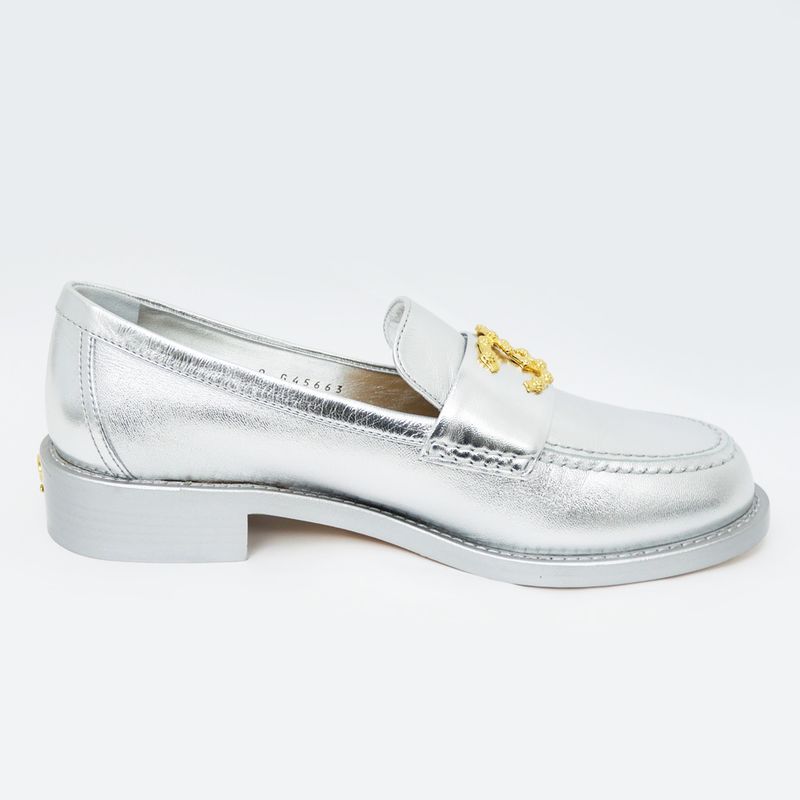 Chanel CC Logo Leather Loafers Silver Gold Hardware 37 1 2 — view 2