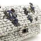 Chanel 255 Tweed Double Flap Chain Bag Shoulder Flower Motif Leather White Black — view 6