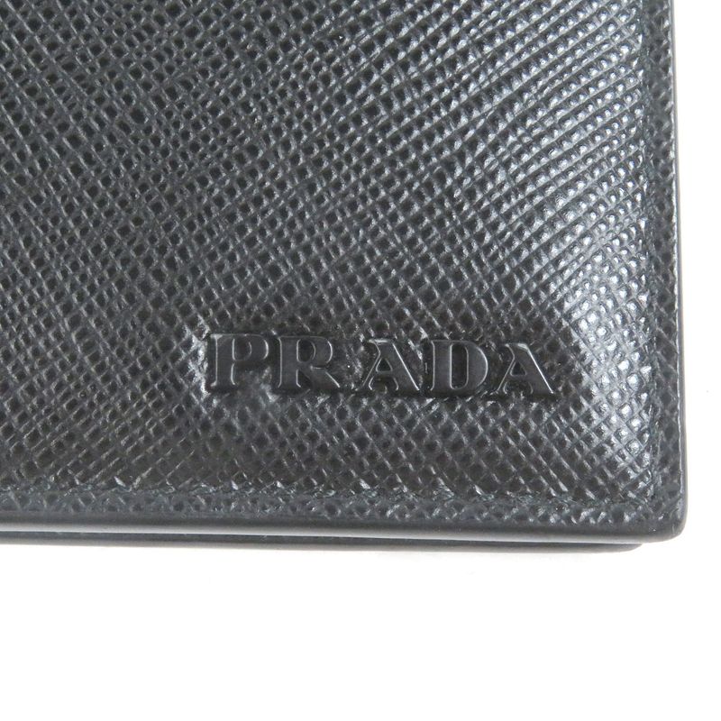 Prada 2 Mo004 Logo Plate Saffiano Martic Leather Bifold Card Case Billfold Nero — view 8