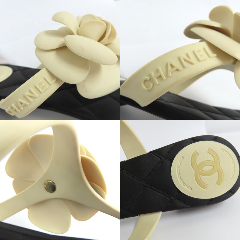 Chanel Camellia Beach Sandals Flat Heel 35 Black White Rubber Thong — view 9