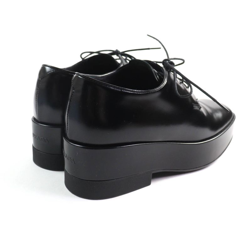 Prada Back Logo Platform Lace Up Leather Shoes Black 35.5 and Storage — view 3